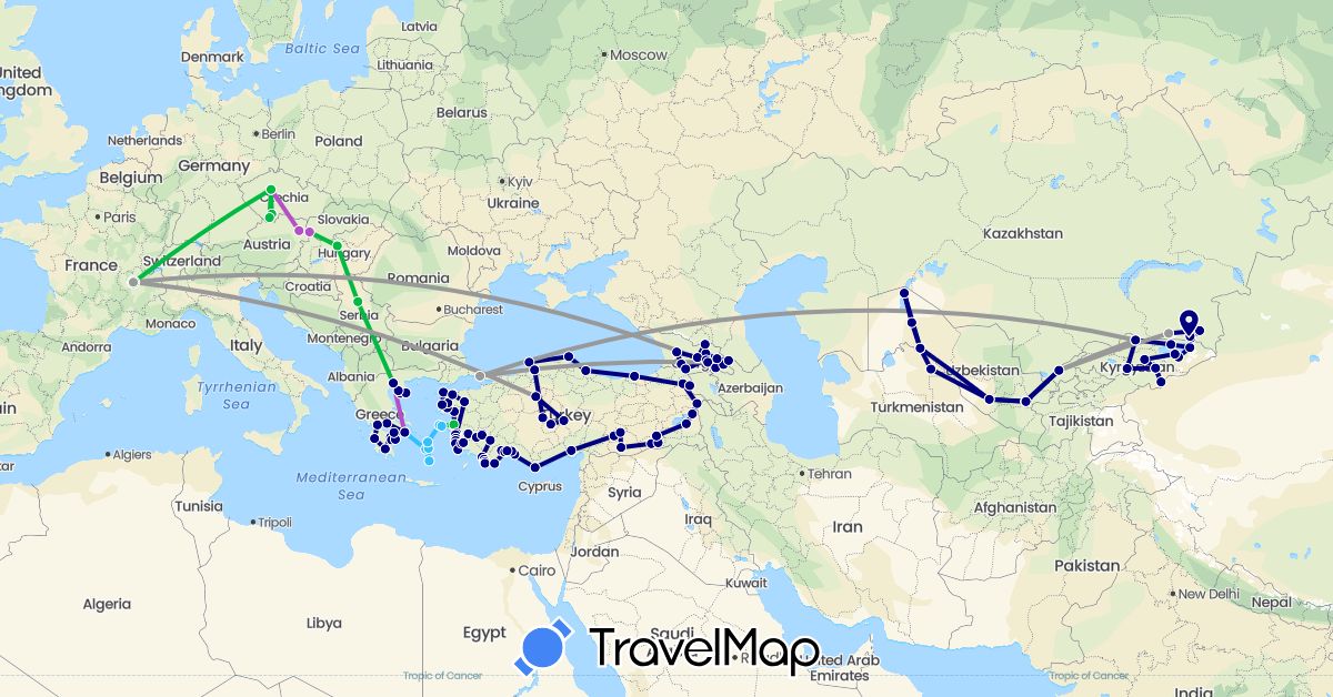 TravelMap itinerary: driving, bus, plane, train, boat in Austria, Czech Republic, France, Georgia, Greece, Hungary, Kyrgyzstan, Kazakhstan, Serbia, Slovakia, Turkey, Uzbekistan (Asia, Europe)